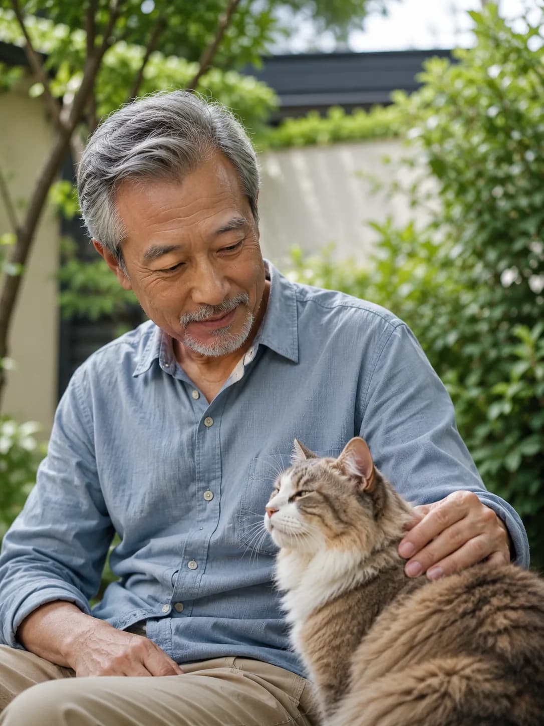 A cat relaxing beside its owner in a garden.