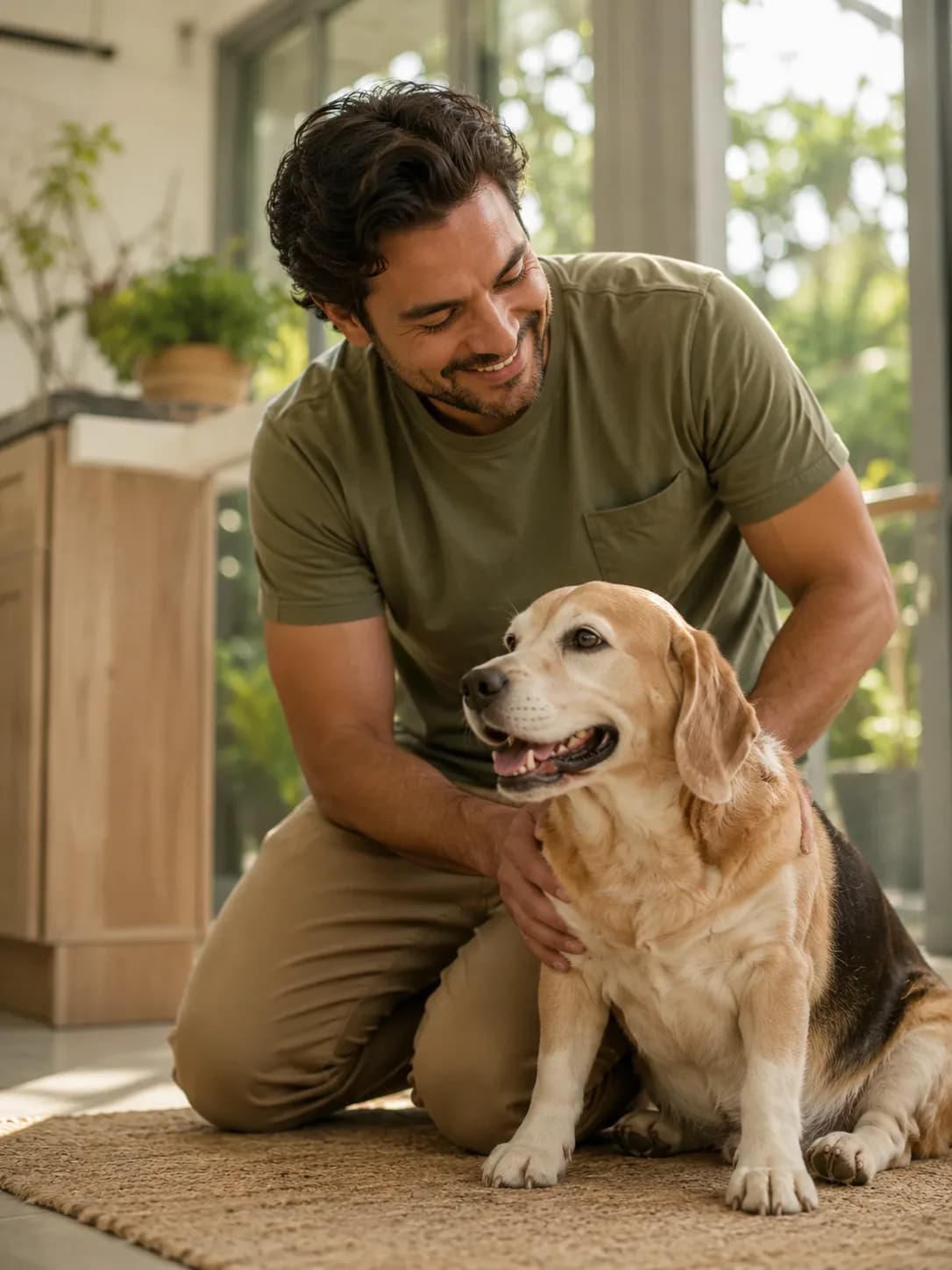 A dog sitting with its owner in a sunlit home.