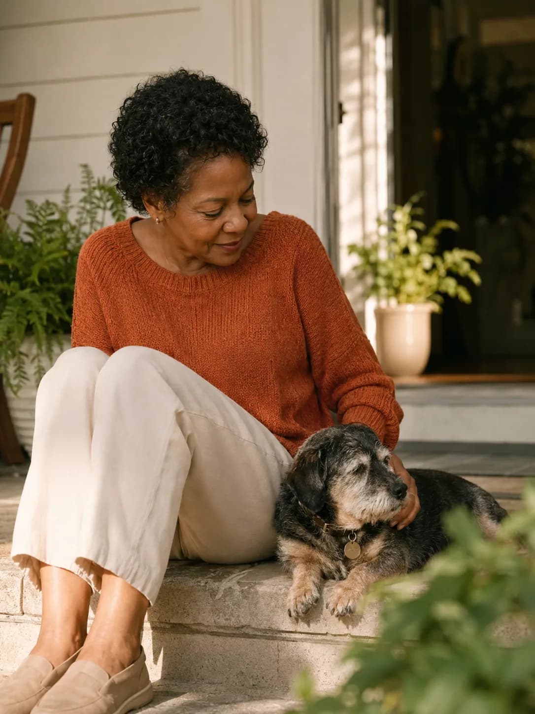 A small dog resting beside its owner on a porch.