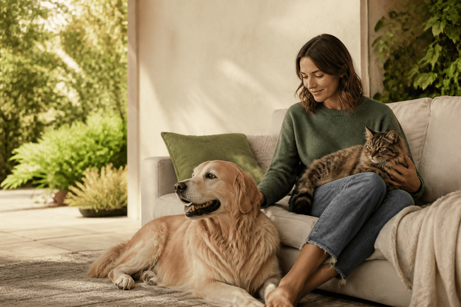 Dog and cat relaxing together with their owner